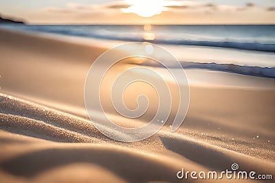 Close up of grains of beach sand with views of sea waves and sunset views, Generative AI Stock Photo