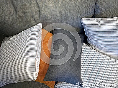 Close up gray fabric couch Sofa with colorful backrest pillows, comfortable, relax, rest, cozy, homy style, Stock Photo