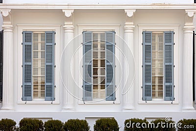 close-up of a greek revival homes symmetrical windows Stock Photo