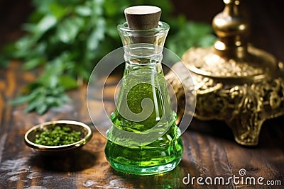 close-up of green absinthe in a glass jar Stock Photo