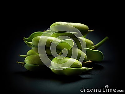 Close-up of green beans, with some on left side and others in center. There are also two small tomatoes placed next to Stock Photo