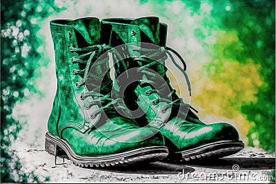 Close-up of green boots that a leprechaun might wear on St. Patrick's Day in Ireland, with blank space for text Stock Photo