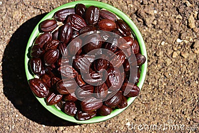 Jojoba seeds in a green bowl Stock Photo