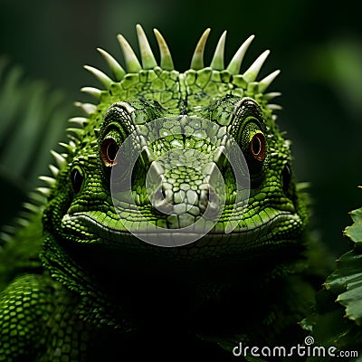 Close-Up Green Chameleon Texture - Front View Macro Zoom like National Geographic. Generative Ai illustration Stock Photo