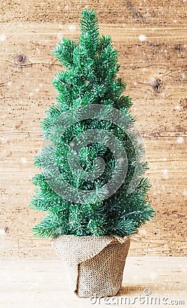 Vertical Christmas Tree, Wooden Background, Snowflakes Stock Photo