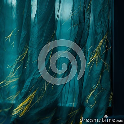 a close up of a green curtain with yellow feathers Stock Photo