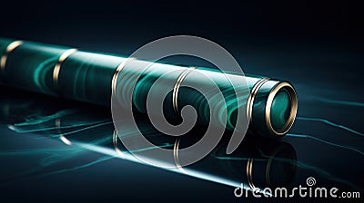 A close up of a green cylinder with gold stripes, AI Stock Photo