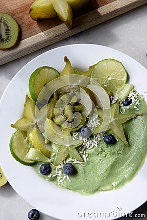 close up green smoothie bowl Stock Photo