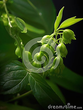 Close-up of green leaves and flowers, with focus on small blue flower in center. There are also several other smaller Stock Photo