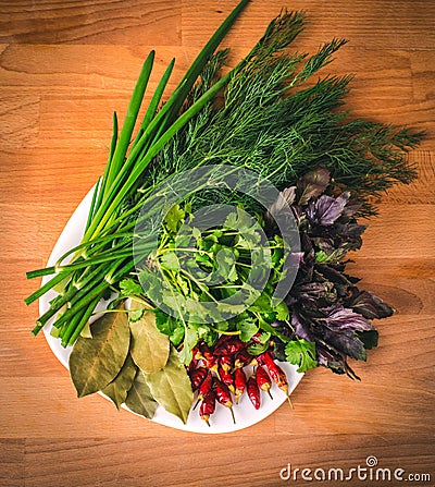 Close up of green organic herbs, basil, coriander, fennel, green onion, red chili peppers on white plate, rustic wooden background Stock Photo