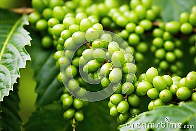 close-up of green, unripe coffee berries Stock Photo