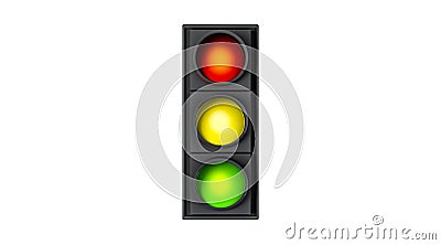 Close up green, yellow and red traffic lights in front side view. Stock Photo