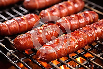 close up of grill marks on juicy sausages on a hot bbq Stock Photo