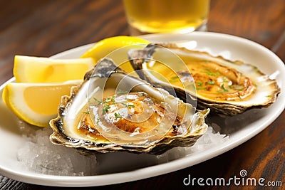 close-up of a grilled oyster with garlic sauce and a lemon wedge Stock Photo