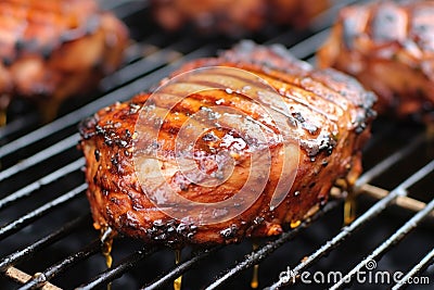 close-up of grilling honey mustard glazed pork chops Stock Photo
