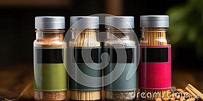 A close up of a group of bottles of spices. Generative AI image. Stock Photo