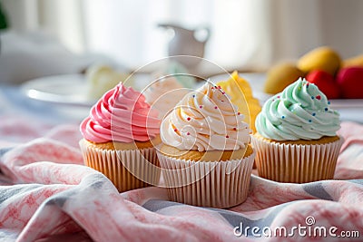 Close up of group of cupcakes on table. Generative AI Stock Photo