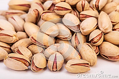 Close Up Group Of Dry, Fresh And Large Raw Pistachio Nuts In She Stock Photo