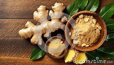 Ginger Roots and Ginger Ground on a Wooden Table with Copy Space - Generative Ai Stock Photo