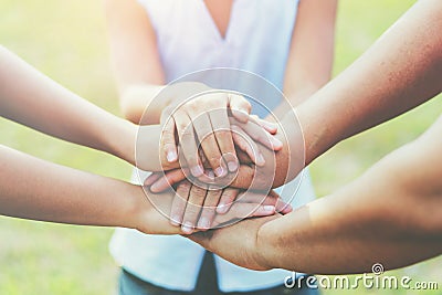 close up group hand in stack Stock Photo