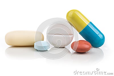 Close-up on group of medicine in capsule, caplet, tablet format on white background Stock Photo