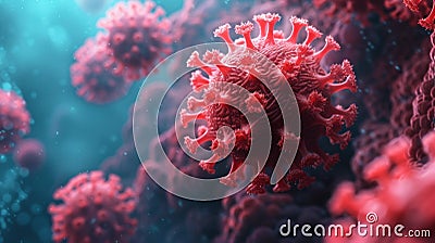 A close up of a group of red viruses, AI Stock Photo