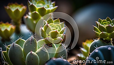 a close up of a group of small cactus plants in a garden Stock Photo