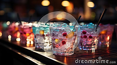 Close-up of group of stylish coloured cocktails with ice and lemon on the bar counter. Generative AI Stock Photo