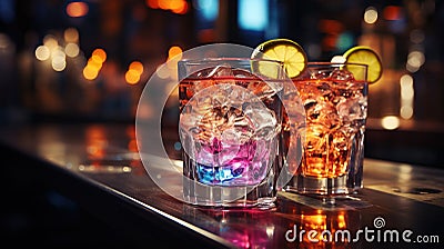 Close-up of group of stylish coloured cocktails with ice and lemon on the bar counter. Generative AI Stock Photo