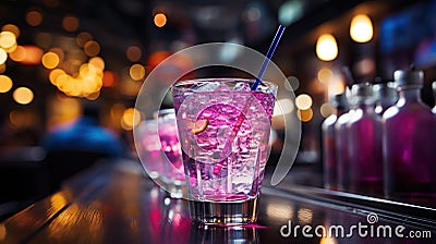 Close-up of group of stylish coloured cocktails with ice and lemon on the bar counter. Generative AI Stock Photo