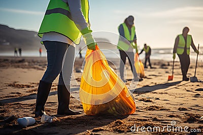 Close Up Of Group Of Volunteers Clearing Trash From Beach And Putting It Into Bags Stock Photo