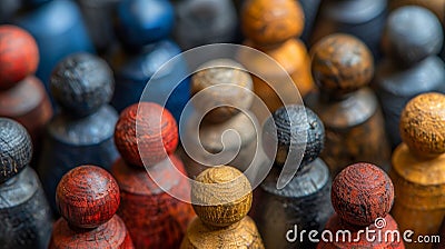 A close up of a group of wooden figurines in different colors, AI Stock Photo