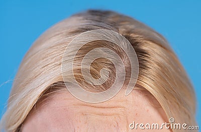 Close up grown natural roots of colored blonde hair. Shiny and healthy beautiful hair. Healthy and wellness concept Stock Photo