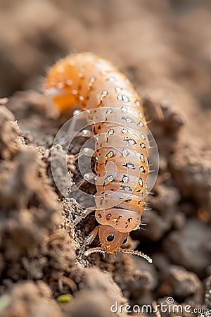 Close up of a Grub Worm in Soil, Pest Larva in Garden Macro Shot, Insect Larvae in Earth, Gardening Background Stock Photo