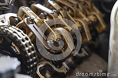 Close up Guide Valve Lifter and Camshaft engine of car Stock Photo