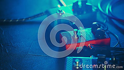 Close up of guitar pedals. music effect loop machine. Macro view Stock Photo