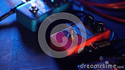 Close up of guitar pedals. music effect loop machine. Macro view Stock Photo