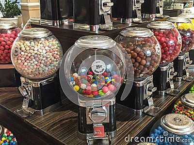 Close Up of Gum ball Machines in Generic Shopping Mall Editorial Stock Photo