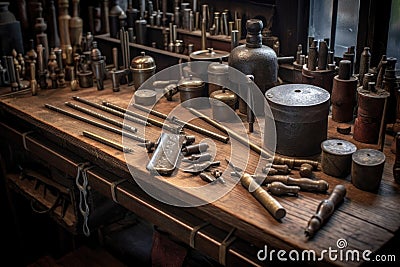 close-up of gunsmith tools on wooden workbench Stock Photo