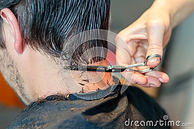 Close up of hairstylist`s hands cutting strand of man`s hair. Professional hairdresser or barber occupation. Stock Photo