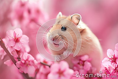 Close up of hamster on background of pink flowers. The image is generated with the use of an AI. Stock Photo