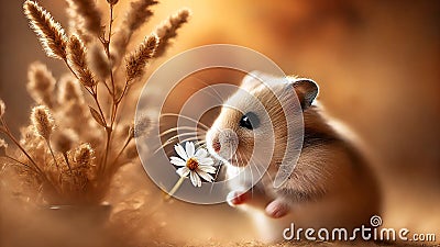 Close-up of a hamster sniffing a small flower Stock Photo