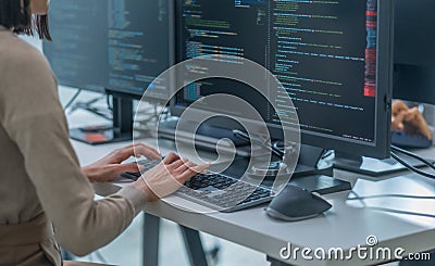 close up hand of Asian prompt engineer developer coding app with software data sitting in front of computer monitor at office Stock Photo
