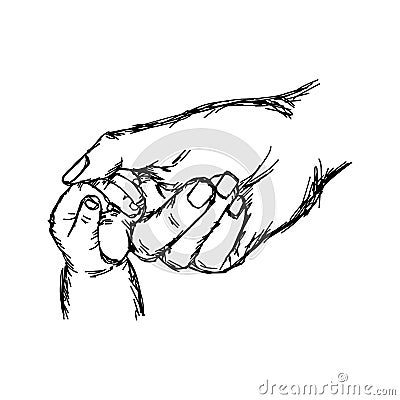 close-up hand of baby and mother holding together vector illustration sketch hand drawn with black lines, isolated on white Vector Illustration