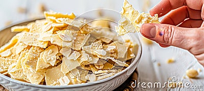 Close up of hand breaking peanut brittle, crispy texture with peanuts, bright white background Stock Photo