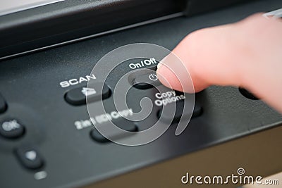 Close-up hand button open the photocopier. Stock Photo