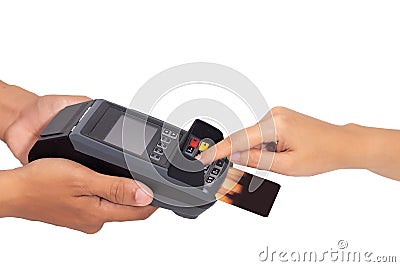 Close up of hand entering credit card pin code for security password in credit card swipe machine at point of sale terminal Stock Photo