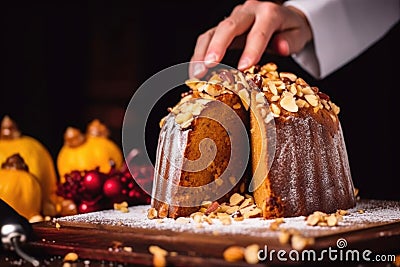 close up of hand garnishing a sliced panettone with nuts Stock Photo
