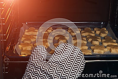 Close-up hand in a gray mitten puts to the oven a baking sheet with shortbread cookies of different shapes Stock Photo