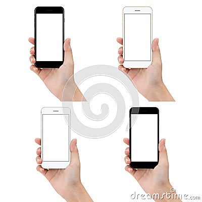 Close up hand hold phone isolated on white background, mock-ups Stock Photo